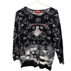 Holiday Traditions black, white and red Christmas sweater "Happy Holidays"